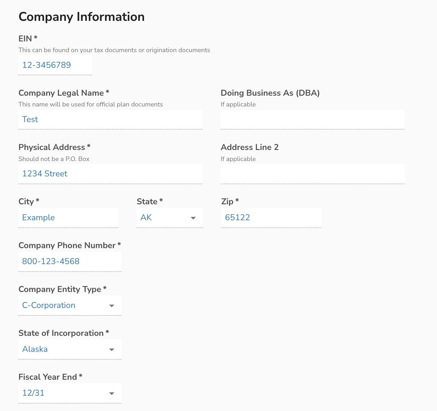 Company Information Section of Digital Onboarding