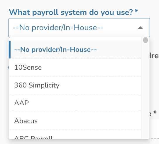 What payroll system do you use? dropdown