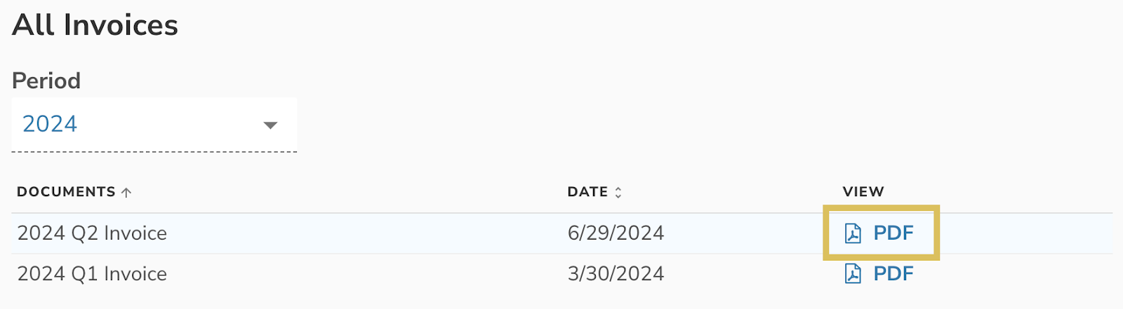 Select 'PDF' to view invoice